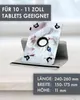 A tablet case with a cat design is displayed on a surface, with text overlays providing product information. Produktbild-Vorschau