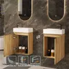 Two identical bathroom vanity units with sinks are shown side-by-side, demonstrating different door opening directions and features. Produktbild-Vorschau