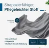 A draped piece of grey fabric, with text overlays describing its features. Produktbild-Vorschau