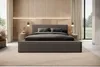A modern bedroom with a large bed, wooden wall paneling, and large windows. Produktbild-Vorschau