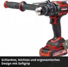 A red and black cordless impact drill is shown against a white background. Text describing its features is overlaid at the bottom. Produktbild-Vorschau