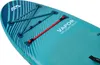 A close-up view of the front section of a teal paddleboard, showing bungee cords and branding. Produktbild-Vorschau