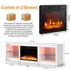 A product image showing a white TV stand with an integrated electric fireplace and dimensions indicated. It also includes an image of the electric fireplace insert separately with its dimensions, and text explaining that the product comes in two boxes. Voir les images du produit