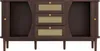 A dark brown sideboard with rattan drawer fronts and gold knobs, set against a white background. Podgląd zdjęcia produktu