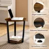 A round side table with a laptop on top and books on the lower shelf, shown in a room setting with a piano and a window. The image also includes close-up marketing shots highlighting product features. Produktbild-Vorschau
