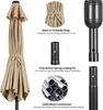 Collage of images showing details of a beige umbrella and its metal pole components. Produktbild-Vorschau