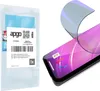 A product packaging and a smartphone screen protector being applied to a smartphone. Produktbild-Vorschau