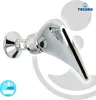 A chrome-plated showerhead with a unique, elongated spout, mounted on a wall. Produktbild-Vorschau