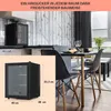 A mini refrigerator is shown in a kitchen setting, with a separate inset showing its dimensions. Produktbild-Vorschau