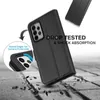 A black flip case for a smartphone is shown falling onto a textured surface, with text highlighting its protective features. Anteprima dell’immagine prodotto
