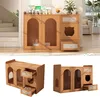 A multi-panel image showing a wooden cat furniture piece from different angles and in a room setting. Produktbild-Vorschau
