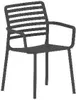 A black plastic chair with a slatted back and seat, shown from the front. Produktbild-Vorschau