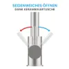 A close-up of a kitchen faucet with arrows indicating movement and text describing its features. Produktbild-Vorschau