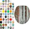 A collage of various toilet seat designs next to a single toilet seat with a wood plank design. Náhľad obrázku produktu