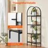 A tall, black, arched bookshelf with four shelves, filled with decorative items, is shown in a room setting. Insets highlight an anti-tipping device and adjustable feet. Náhled obrázku produktu
