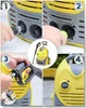 A collage of four images showing the assembly steps of a yellow pressure washer. Produktbild-Vorschau