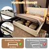 A bed with hydraulic storage is shown, with close-ups of its features and a comparison of embedded vs. non-embedded designs. Náhľad obrázku produktu