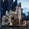A 3D wooden marble run model with intricate gears and mechanisms, set against a futuristic cityscape background. Podgląd zdjęcia produktu