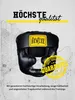 A black boxing headguard with a yellow logo and text overlay, set against a textured gray and white background. Anteprima dell’immagine prodotto
