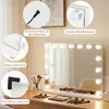 A vanity mirror with lights and makeup accessories on a wooden dresser. Podgląd zdjęcia produktu