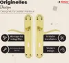 A pair of golden door handles with descriptive text and icons highlighting features. Produktbild-Vorschau
