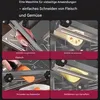 A collage of four images showing a manual meat slicer in use, cutting different food items. Produktbild-Vorschau