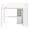 A white loft bed with a desk and wardrobe attached, shown against a white background. Produktbild-Vorschau