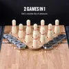 A close-up view of a tabletop bowling and shuffleboard game set, with pins and pucks arranged on a wooden board. Voir les images du produit
