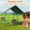 A chicken coop with chickens inside, set in a grassy field with hay bales in the background. The image also features text overlays and inset images of predators. Náhled obrázku produktu