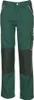 A pair of green work pants with dark green panels on the lower legs and a small red tag on the right leg. Produktbild-Vorschau