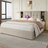 A bedroom scene featuring a bed with a headboard that has built-in shelves and USB ports. The bed is made with beige linens and a brown throw blanket. Anteprima dell’immagine prodotto