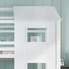 Close-up view of a white wooden house-shaped bed frame with a window. Produktbild-Vorschau
