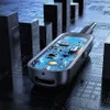 A close-up, angled view of a transparent Bluetooth receiver/transmitter with its internal circuitry visible, set against a dark, futuristic, circuit-board-like background with abstract black structures. Anteprima dell’immagine prodotto