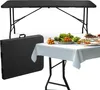 A black folding table is shown in its folded and unfolded states, with a separate table set for a buffet. Náhľad obrázku produktu