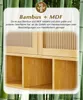 A cabinet with bamboo and MDF construction, featuring a logo and text overlay. The background is a blurred image of bamboo stalks. Voir les images du produit
