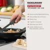 A hand holds a frying pan over a stove with food cooking inside, next to product information. Produktbild-Vorschau