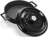 A black cast iron pot with its lid slightly ajar, shown from a slightly elevated angle on a white background. Produktbild-Vorschau