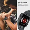 A person is checking their Apple Watch, which is protected by a Spigen Rugged Armor Pro case. The image also shows a close-up of the watch case, highlighting its design and the heart rate sensor. Anteprima dell’immagine prodotto