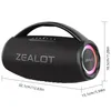 A black portable speaker with a handle and colorful lights on the side, shown with dimensions indicated. Náhled obrázku produktu