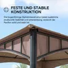 Close-up view of the top structure of a brown gazebo with text overlay describing its construction. Náhled obrázku produktu