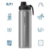 A silver thermos bottle with a black lid and handle, surrounded by icons indicating features and specifications. Produktbild-Vorschau