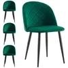 Four dark green velvet dining chairs with black metal legs are displayed against a white background. One chair is shown in full view on the right, while three are shown in a smaller, stacked arrangement on the left. Podgląd zdjęcia produktu