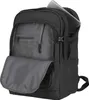 A black backpack with its main compartment open, revealing internal pockets and a laptop slot. A laptop is partially visible in the top compartment. Voir les images du produit