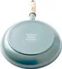 The underside of a green frying pan with a wooden handle, set against a white background. Náhled obrázku produktu