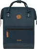 A navy blue backpack with a brown leather logo patch and zipper pull. Voir les images du produit