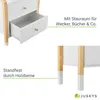 A close-up view of a white nightstand with wooden legs, showing an open drawer and text highlighting its features. Produktbild-Vorschau