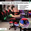 A man is sitting in a red gaming chair and using a computer. The chair's features are highlighted with text overlays and graphics. Produktbild-Vorschau