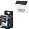 The image shows a product box and the product itself, a white outdoor motion sensor with a solar panel. Produktbild-Vorschau