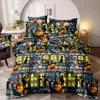 A Halloween-themed bedding set is displayed on a bed in a bedroom setting. Produktbild-Vorschau