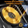 A close-up view of a golden induction charging coil with glowing lines emanating from it, set against a dark, textured background. Two smaller inset images show a coil and a chip with 'AI' on it. Produktbild-Vorschau